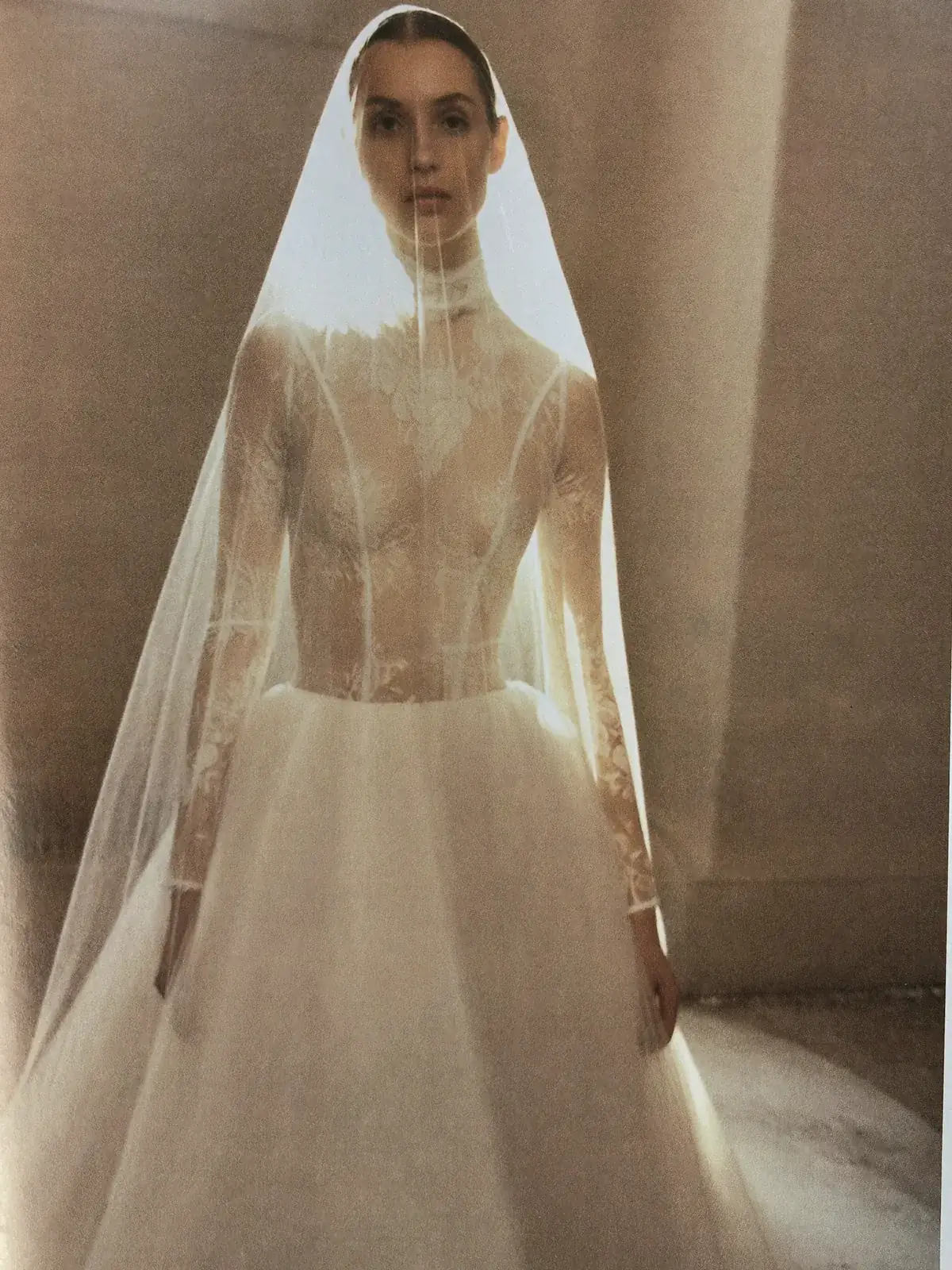 Bride in a high necked lace bodice over silk tulle, a full length veil falling over the dress