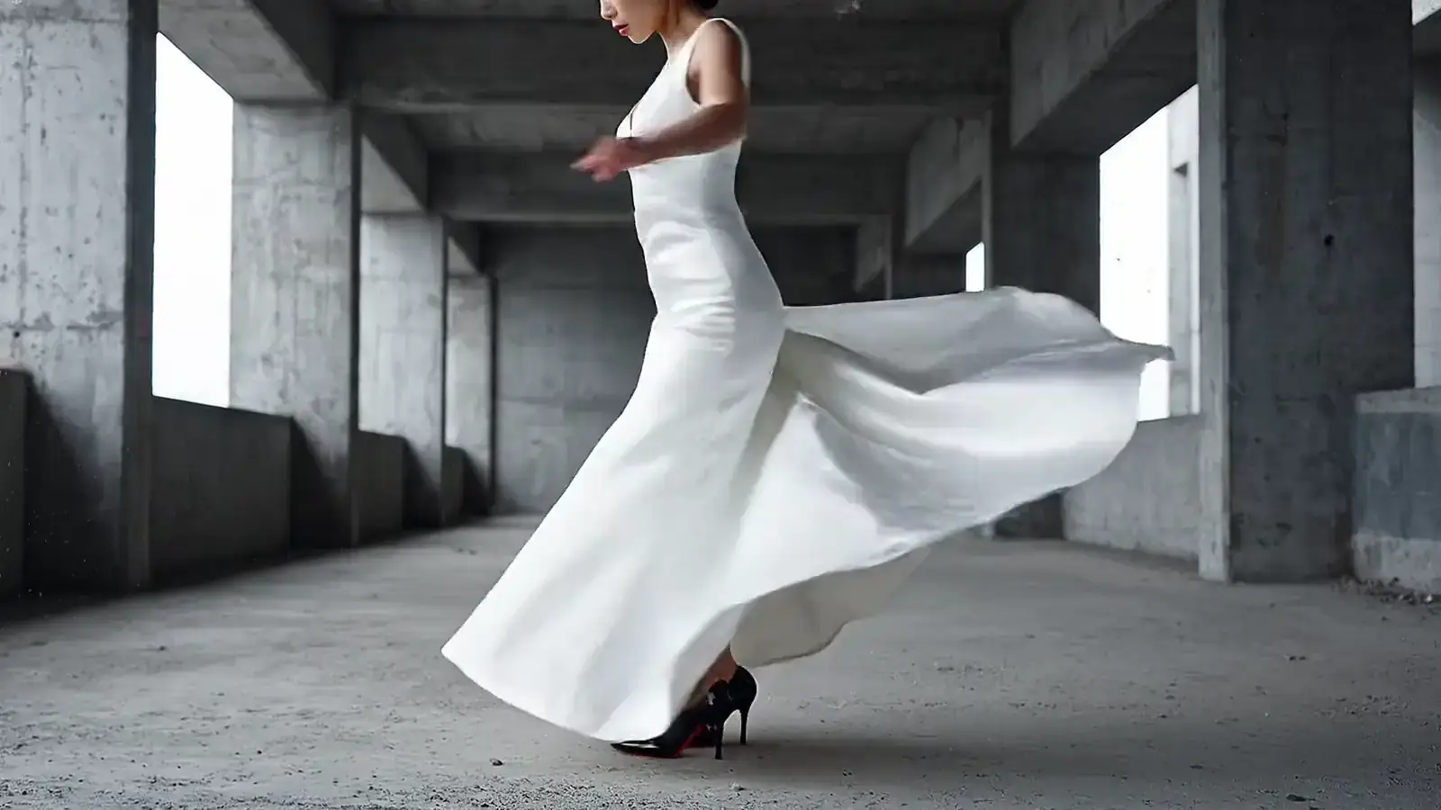 A bride turning a slow pirouette in a concrete hall, lifting her silk skirt to show red soled stilettos