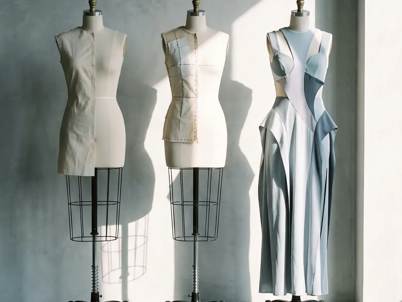 Three dress forms side by side, two in calico and one with a finished dress