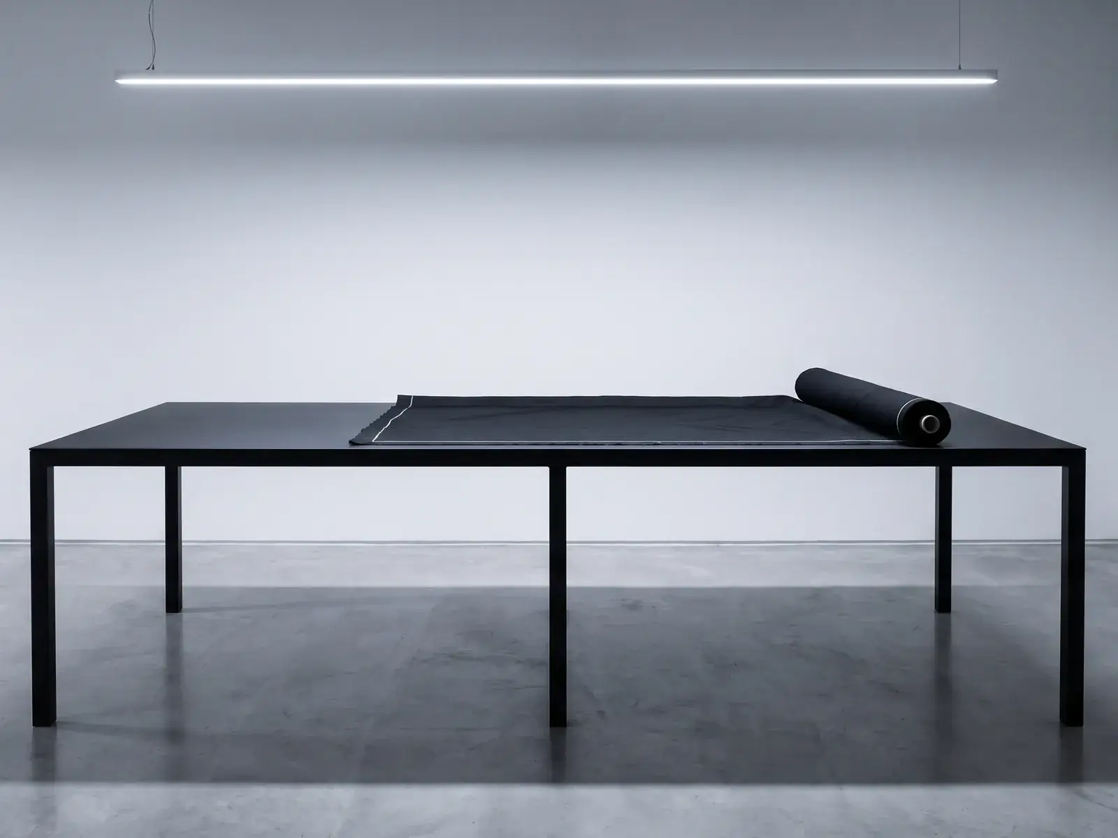 A long black cutting table with a roll of cloth waiting on it