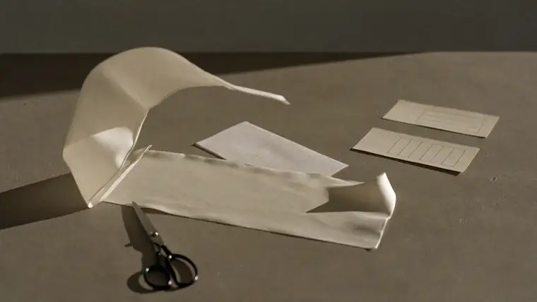 A cut length of ivory silk lying on a bare concrete table beside paper pattern pieces and shears, hard side light, one edge of the silk lifted by a draught, muted bone and grey.