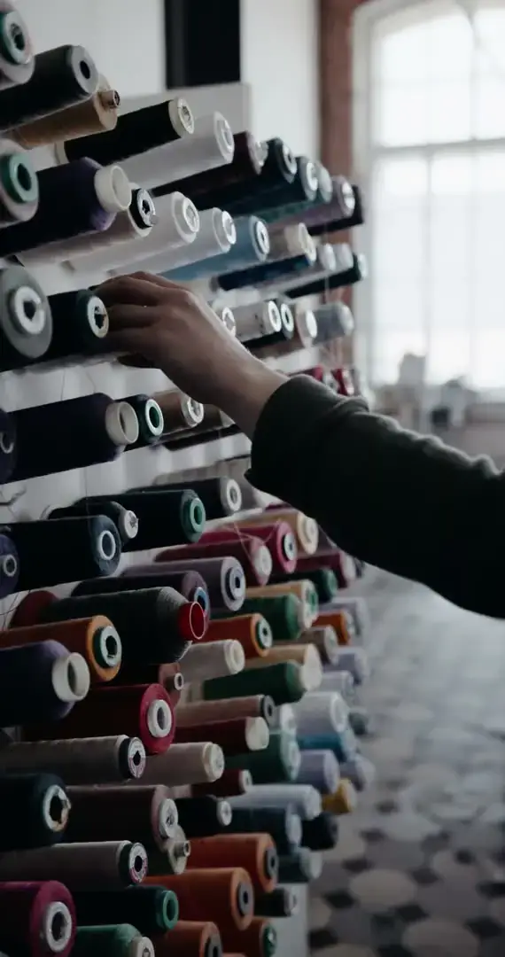 A wall of thread spools in every colour, a hand reaching across them