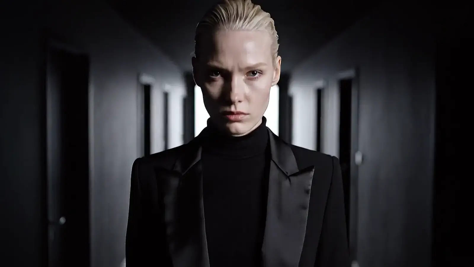 A blonde woman in a black tuxedo jacket walking toward the camera down a dark corridor