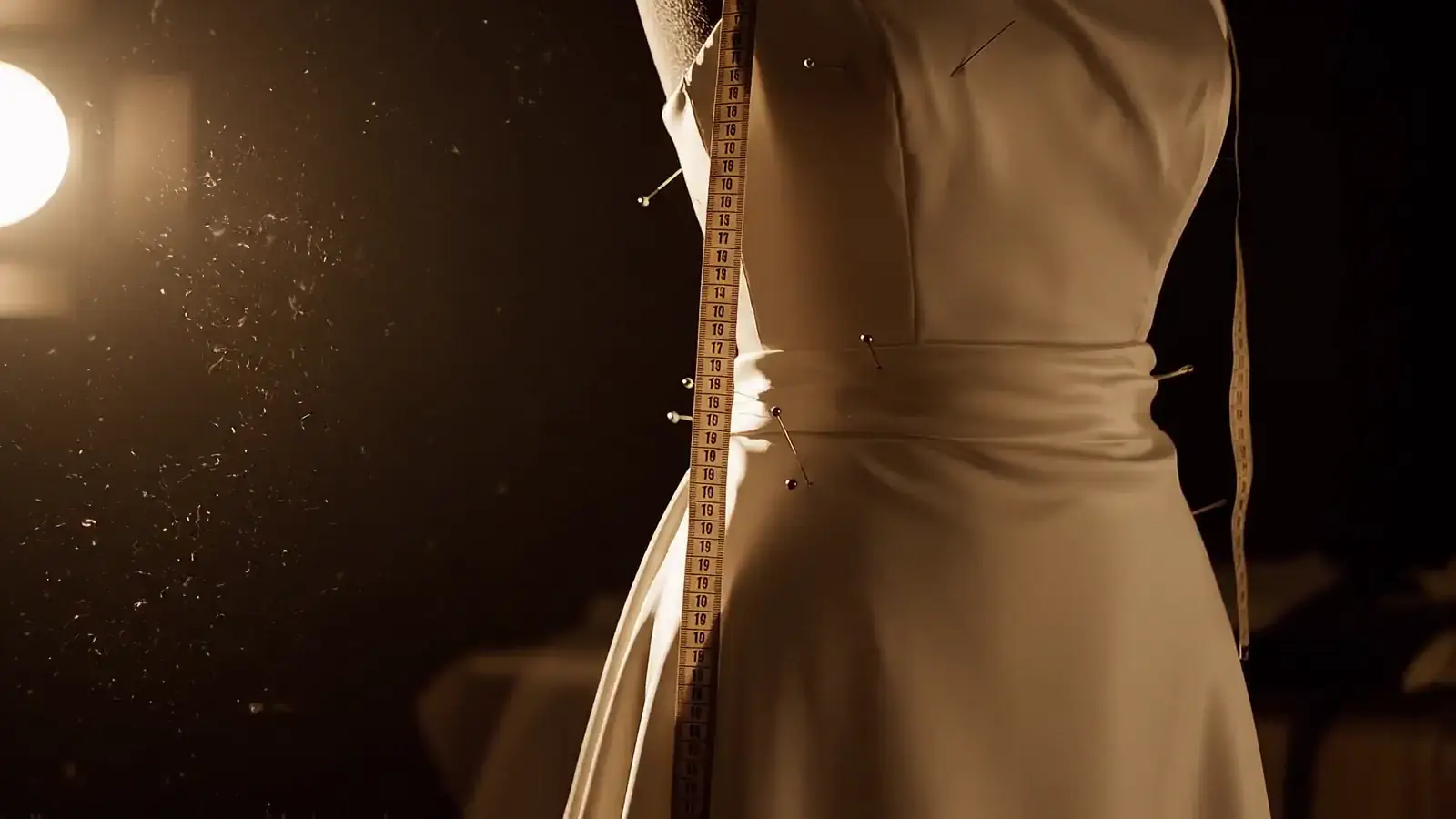 An unfinished gown on a dress form in a dark atelier, pins still in the seam