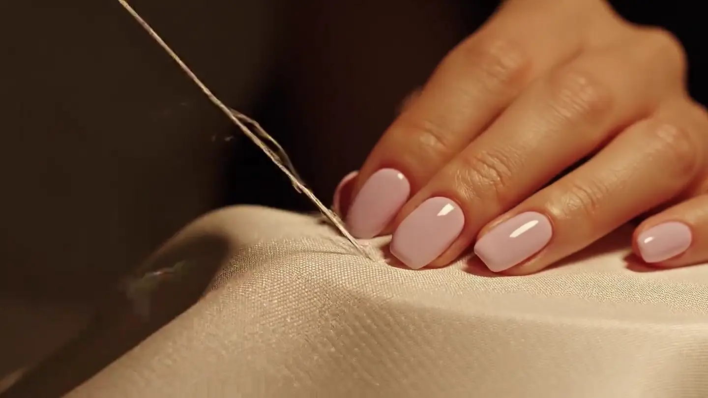 A hand drawing a needle and thread through ivory silk, close up, pale pink nails